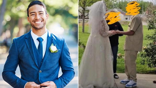 Groom on the left in a classic suit, groom on the right in a Snoop Dogg-Walmart special. Photo: Facebook