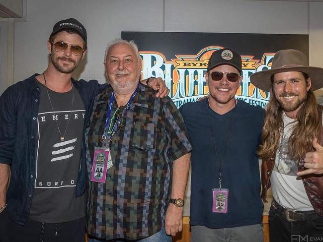 Bluesfest scored international coverage last year with Hollywood royalty Chris Hemsworth and Matt Damon hanging out with Peter Noble and Lukas Nelson. Picture: Instagram @bluesfestbyronbay