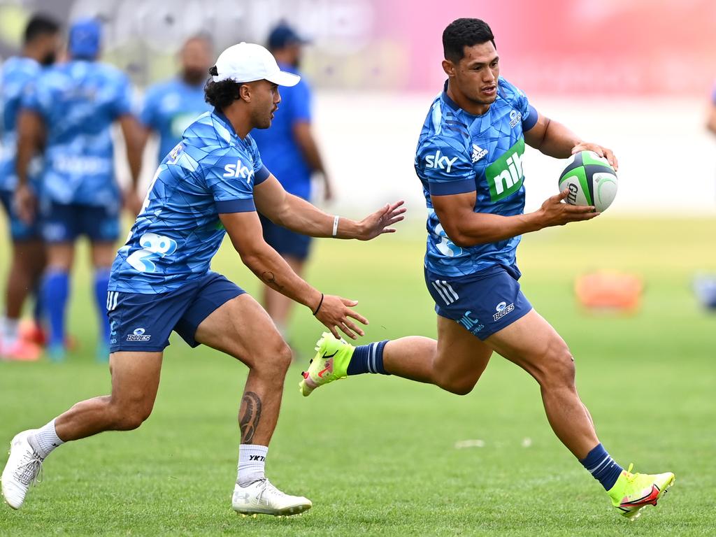 Roger Tuivasa-Sheck runs through drills during a Blues training session. Having starred as a fleet-footed fullback and winger in rugby league, he is attempting to launch his rugby career as a damaging centre. Picture: Hannah Peters/Getty Images
