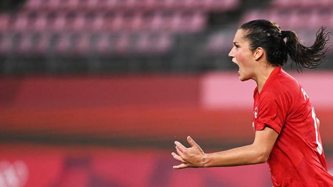 Canada's midfielder Jessie Fleming celebrates. Picture: AFP