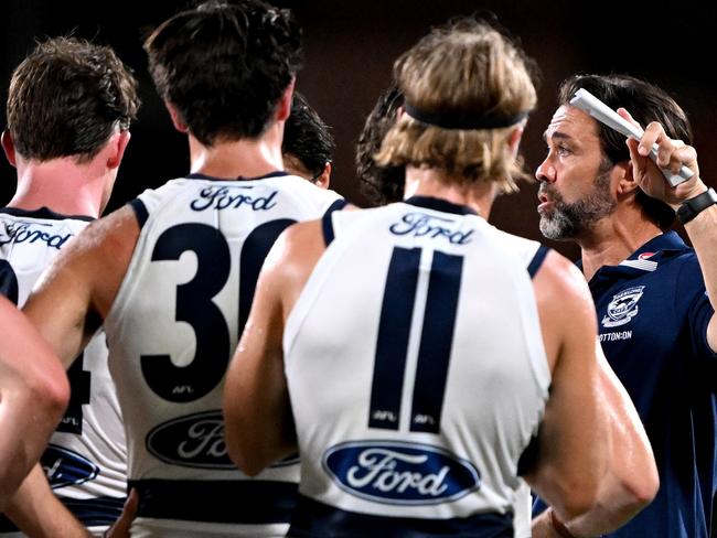 The message is sent out to his players in a practice match. Picture: Bradley Kanaris/Getty Images