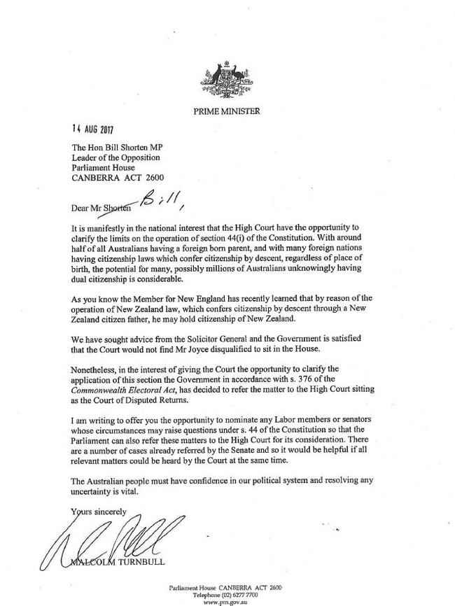 The letter from Mr Turnbull to Bill Shorten, after questions were raised about Barnaby Joyce's dual citizenship.