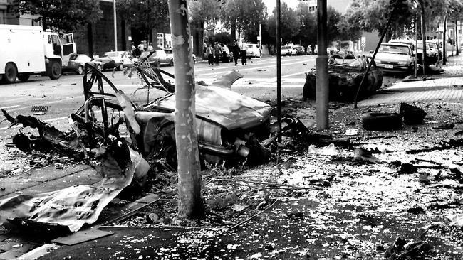 The scene in Russell Street after the bomb exploded, killing Constable Angela Taylor on 27 March 1986. Russell St bombing. Bomb. Picture: Supplied