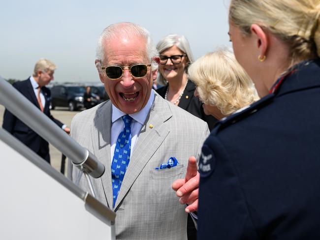 Britain's King Charles III during their official departure from Australia at Sydney Kingsford Smith Airport in Sydney, Wednesday, October 23, 2024. King Charles III and Queen Camilla will fly to Samoa to attend the Commonwealth Heads of Government Meeting (CHOGM). (AAP Image/Bianca De Marchi) NO ARCHIVING