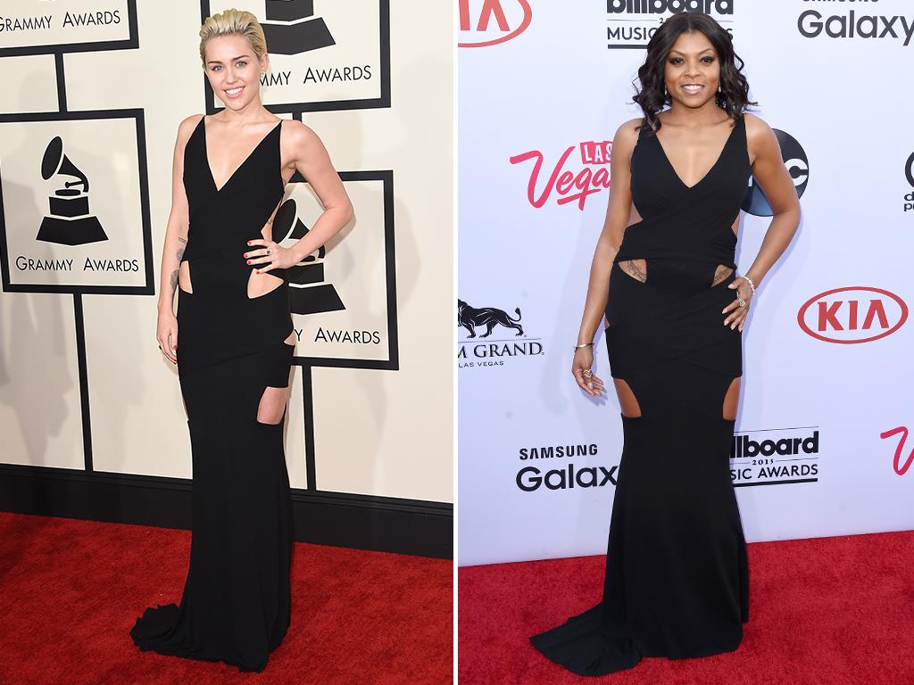 What’re the newest accessories to flash this season ..? Hip bones, according to Miley Cyrus and Taraji P. Henson who rocked the same Alexandre Vauthier Couture gown to the Grammys and the Billboards respectively. Picture: Getty