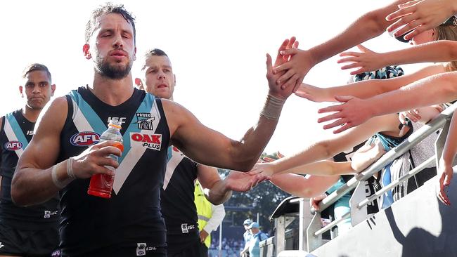 A relieved Travis Boak after the win. Picture: SARAH REED