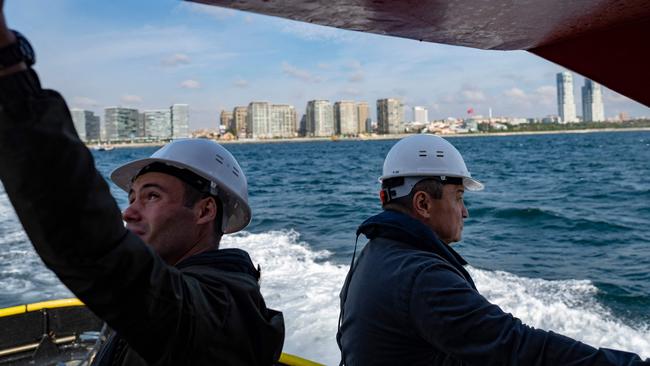 UN official arrive to inspect the Barbados-flagged ship ‘Nord Vind’ coming from Ukraine. Picture: AFP