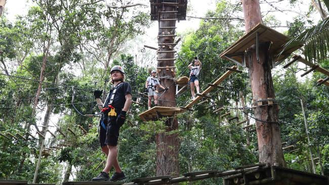 First look at the new TreeTop Challenge at Currumbin Wildlife Sanctuary. Harrison Smith, Gabrielle Buzetti-Raiti and Ben Rissetto try out the new attraction. Picture: Glenn Hampson.