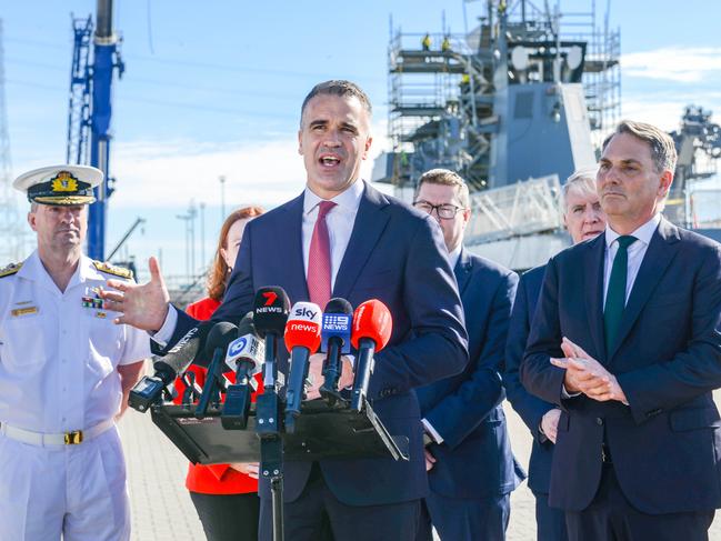 ADELAIDE, AUSTRALIA - NewsWire Photos MARCH 15, 2023: South Australian premier Peter Malinauskas addresses the media after signing a cooperation agreement to build the AUSKUS submarines at the Osborne Naval Shipyard. Picture: NCA NewsWire / Brenton Edwards