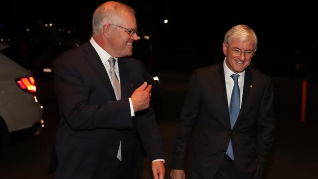 Scott Morrison, left, and Steven Lowy at the United Israel Appeal dinner in Sydney on Thursday. Picture: Adam Taylor/PMO