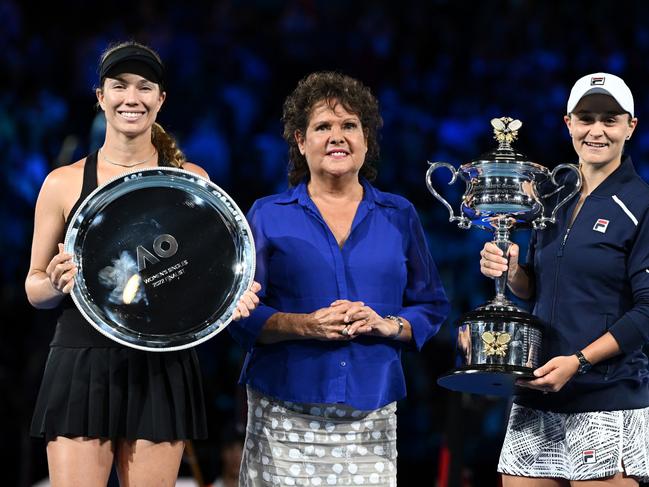 Danielle Collins, former Open winner Evonne Goolagong Cawley and Ash Barty during the trophy presentation. Picture: Getty Images