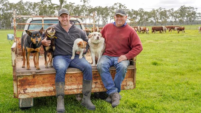 Teaming up: Kevin Stark senior and junior at the Lake Mundi property, one of two farms owned by the family. Pictures: KARLA NORTHCOTT