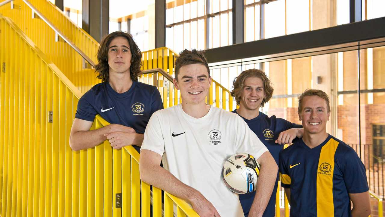 ON THE BALL: Former Toowoomba Grammar School footballers (from left) Mitchell McLeod, Joe Scott, Tim Zuyderwyk and Kyle Parish will travel to the United States this week to begin scholarships at a number of colleges. Picture: Kevin Farmer