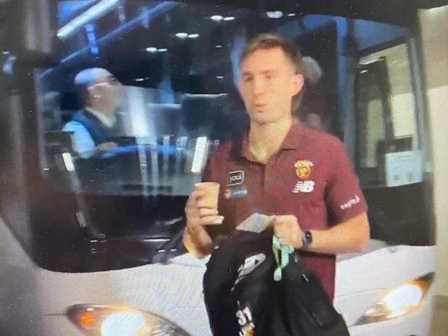 Harris Andrews gets off the Brisbane team bus under the MCG.