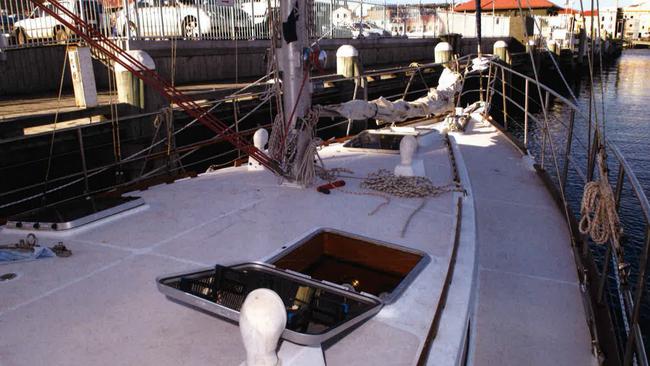 Tasmanian Police crime pictures of the yacht the Four Winds where Bob Chappell was murdered while the boat was moored at Sandy Bay.