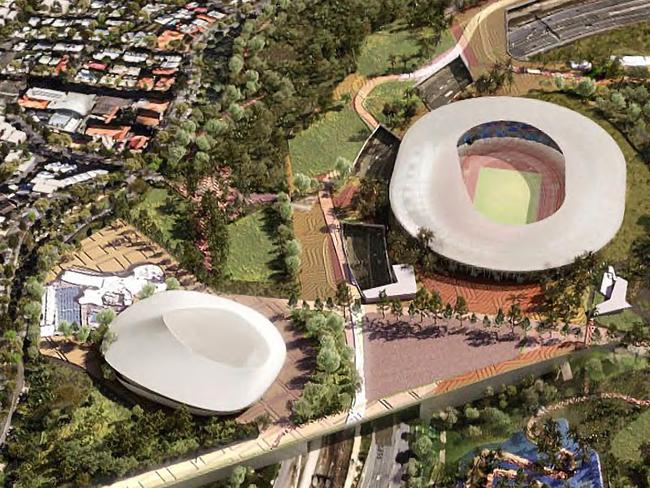 A view of the proposed Brisbane Stadium and New National Aquatic Centre at Victoria Park, in the Arcadis Victoria Park Strategic Plan for the 2032 Brisbane Olympic Games. Picture: Archipelago Architects