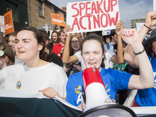 Bryher Mckewin (with mic). Climate strike rally in Hobart. Picture: RICHARD JUPE