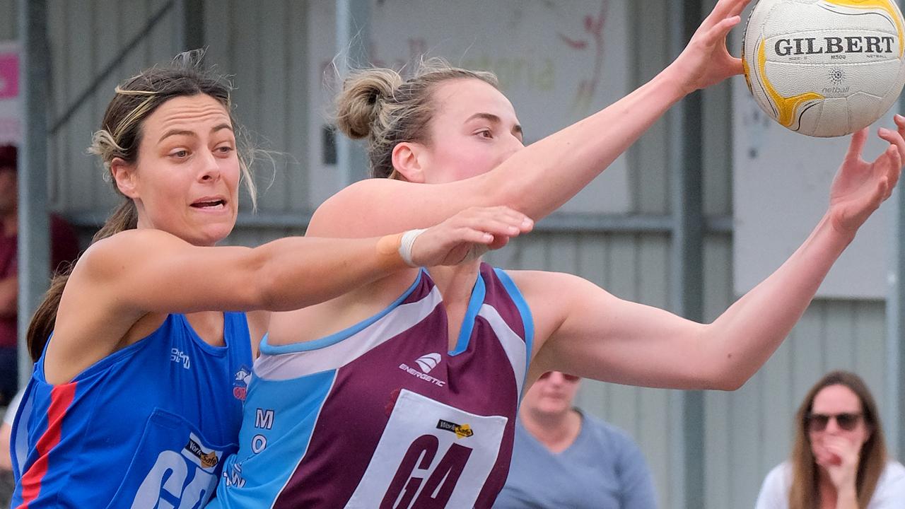 A Grade netball BFL: Modewarre v Queenscliff. Queenscliff Goal defence Julia Mitchell and Modewarre Goal attack Katrina Biscan Picture: Mark Wilson