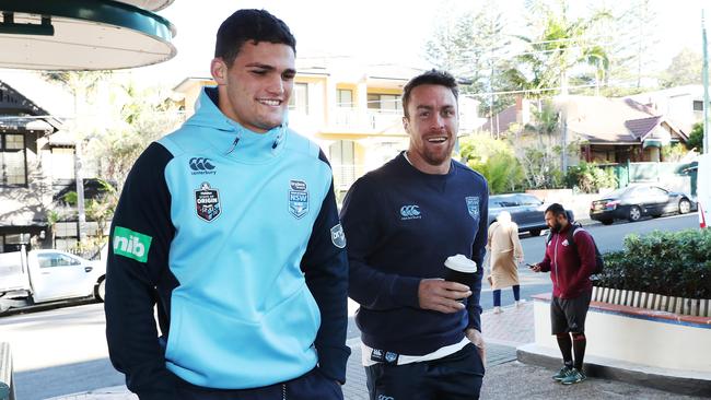 Nathan Cleary and James Maloney of the NSW State of Origin team arrive at the Crowne Plaza hotel in Coogee, ahead of Origin game 2. Picture: Brett Costello