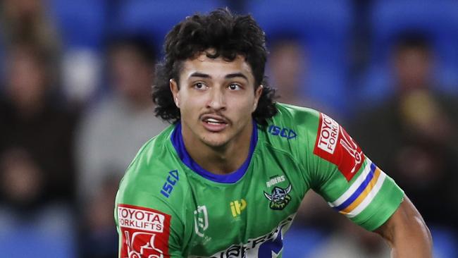 GOLD COAST, AUSTRALIA - JULY 17:  Xavier Savage of the Raiders runs with the ball during the round 18 NRL match between the Canberra Raiders and the Cronulla Sharks at Cbus Super Stadium, on July 17, 2021, in Gold Coast, Australia. (Photo by Regi Varghese/Getty Images)