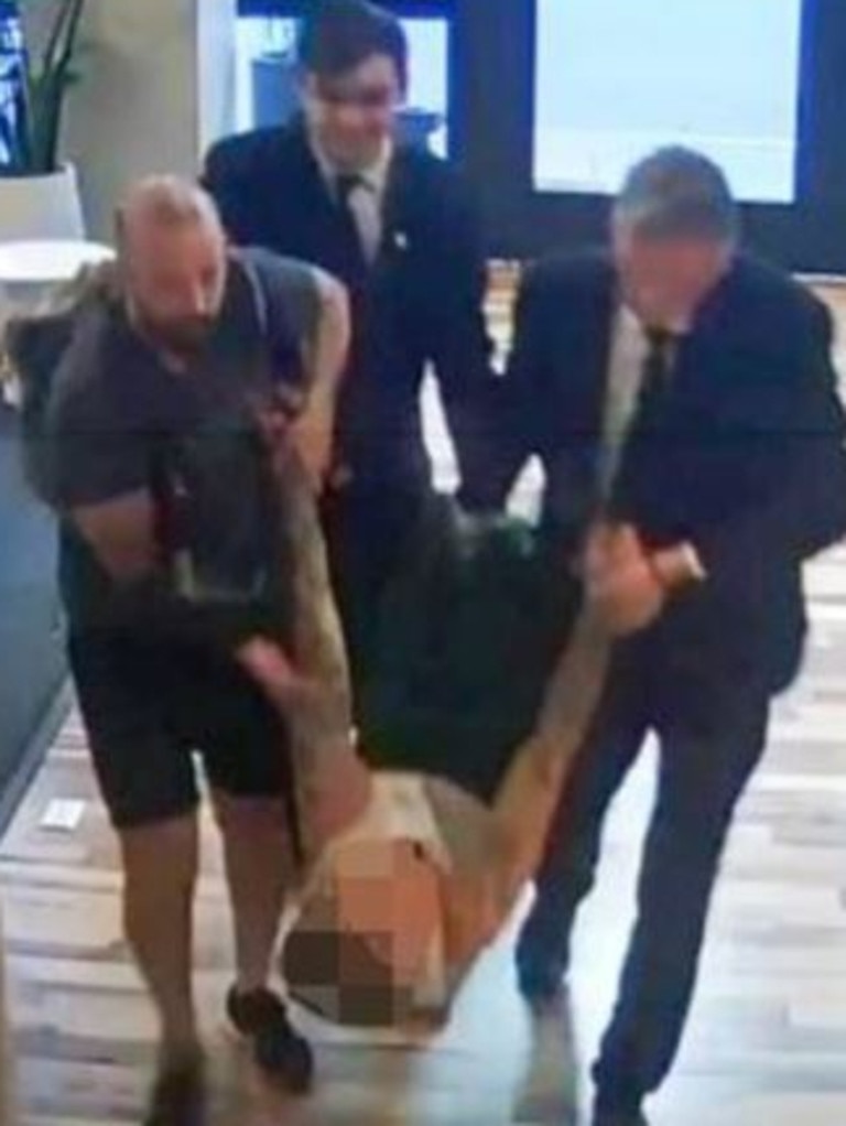 Supplied CCTV of Liam Payne being carried through the hotel lobby before his death.