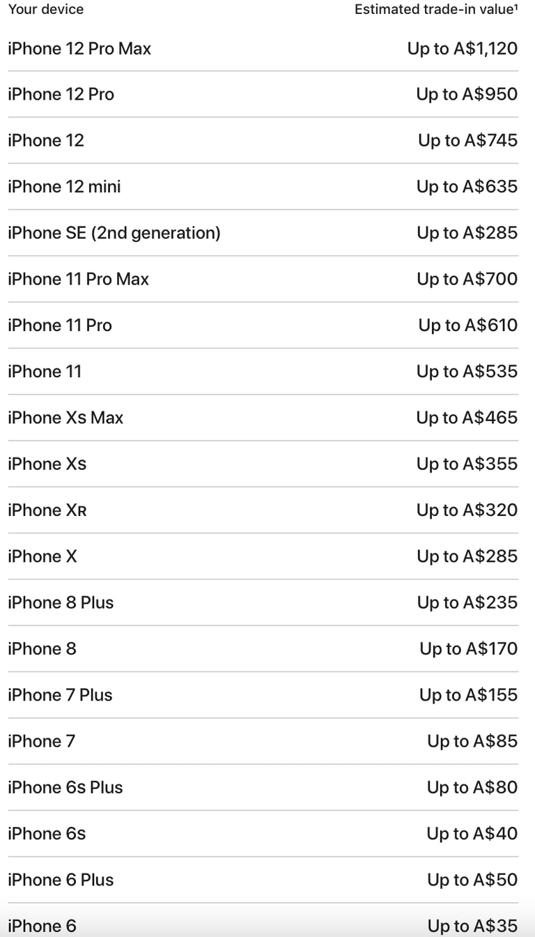 The amounts existing iPhone users can get by trading in their devices for the new iPhone 13. Picture: Apple