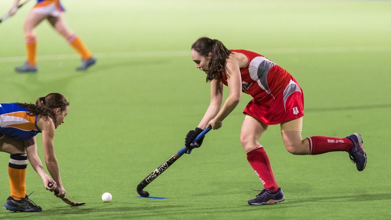Newtown captain Aimee Doveton (left) and Mikaela Dorge of Red Lion in A1 women's hockey round eight at Clyde Park, Friday, June 11, 2021. Picture: Kevin Farmer