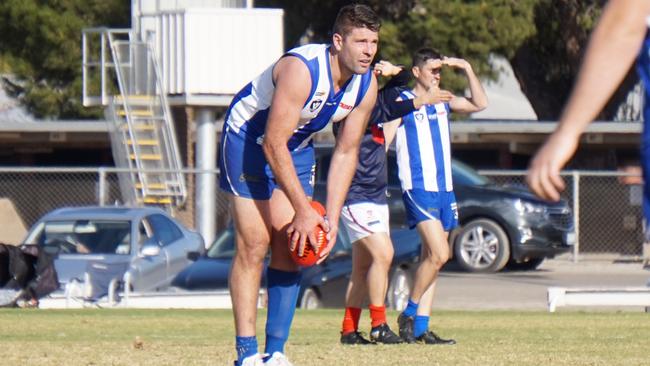 Ouyen United's Mark Jamar lines up a set shot against Mildura in the Sunraysia league. Picture: Michael DiFabrizio