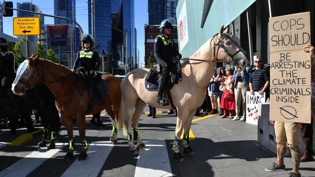 Police horses outside the IMARC protest at the Melbourne Convention and Exhibition Centre. Picture: Jake Nowakowski