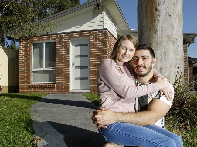 NORTH SHORE TIMES ONLY. SEE EDIOTR TIM MCINTYRE FOR PERMISSION TO USE.  Brittany and Anthony Caiger outside their Granny Flat that they had built on their property as an investment, after living in one themselves for a while. Picture: John Appleyard