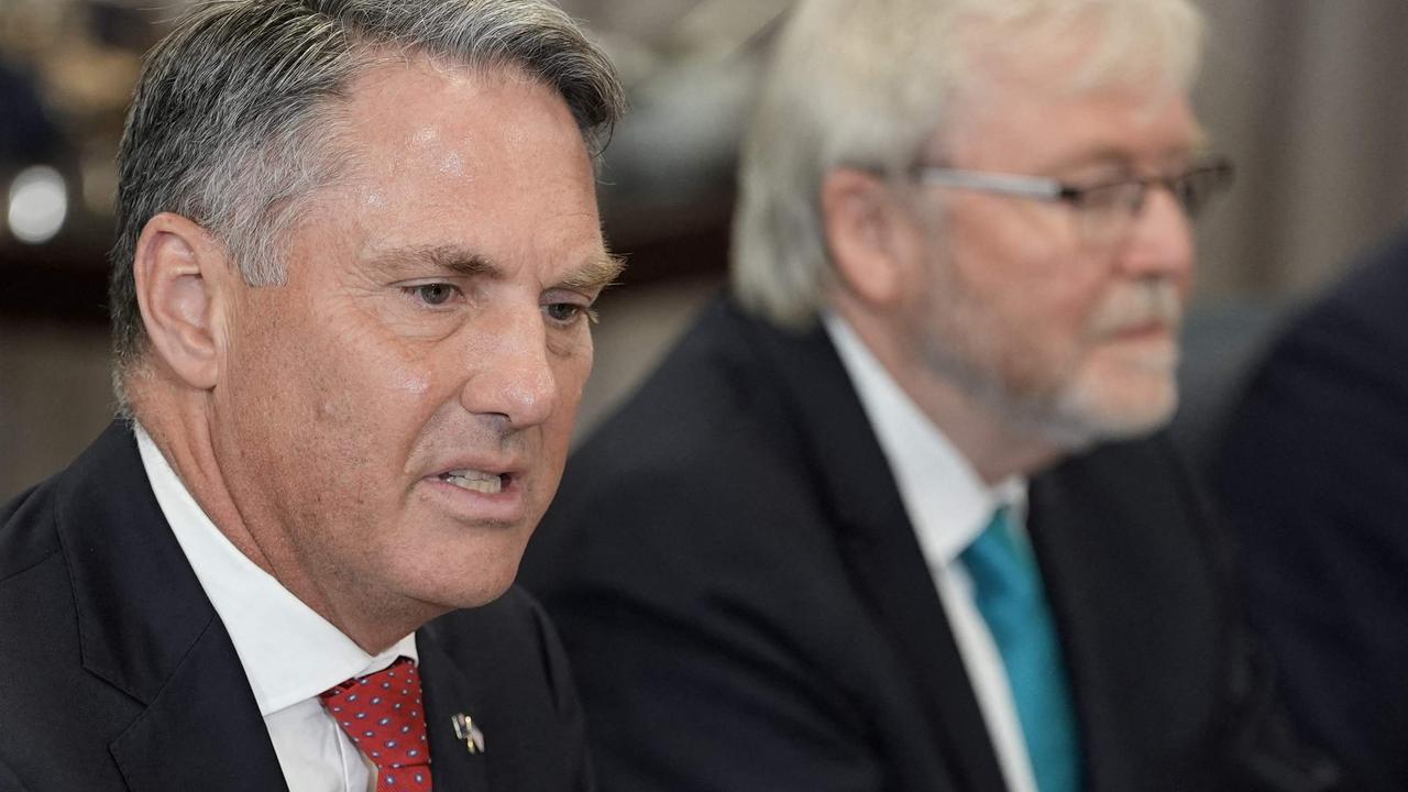 Richard Marles during his meeting with Pete Hegseth. He was joined by our ambassador to the US, Kevin Rudd. Picture: Oliver Contreras/AFP