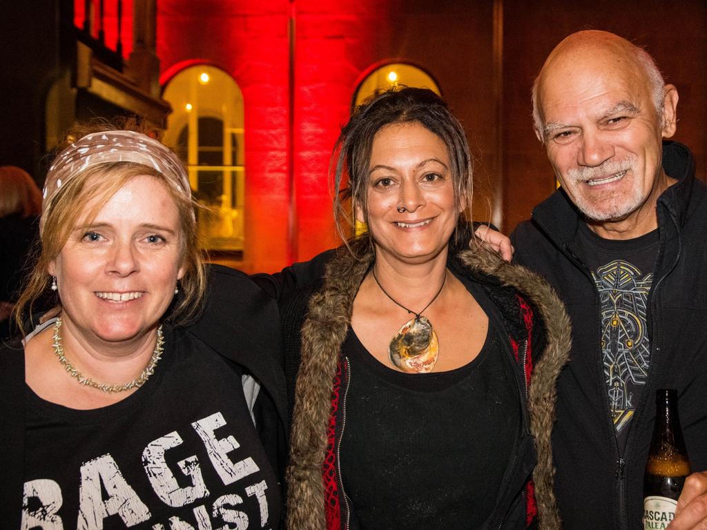 Opening of the TMAG Dark Mofo major exhibition Tense Past by Julie Gough. Jillian Mundy, of North Hobart, left, Janice Ross, of Margate, and Rodney Gibbins, of South Hobart. Picture: Alastair Bett Photography