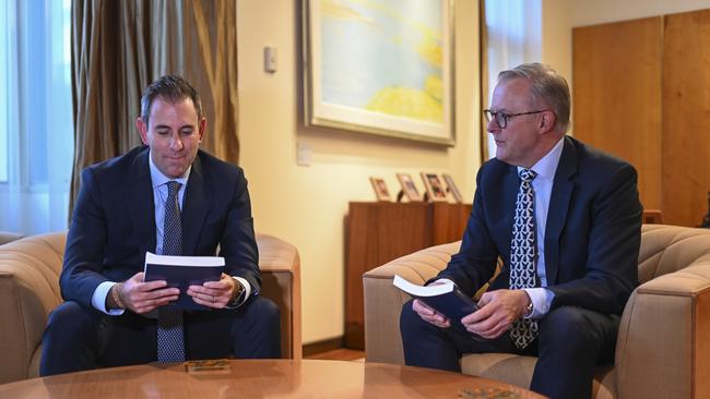 Prime Minister Anthony Albanese and Treasurer Jim Chalmers in the PM's office at Parliament House in Canberra.. Picture: NCA NewsWire/Martin Ollman