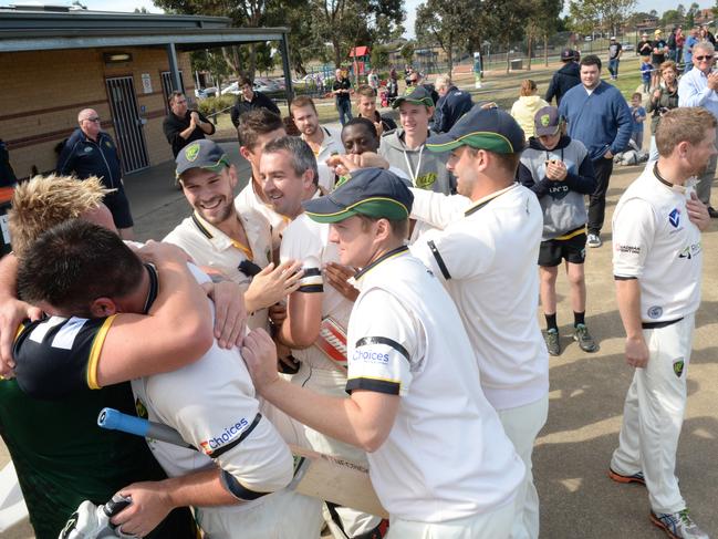 Plenty Valley players rejoice after their grand final victory in 2014-15. Picture: Angie Basdekis.