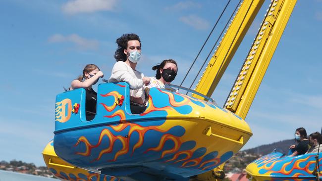 Joshua Scott of Lenah Valley with friend Rachel Cooper of New Town on the Hurricane. Hobart Show 2021 day 1. Picture: Nikki Davis-Jones