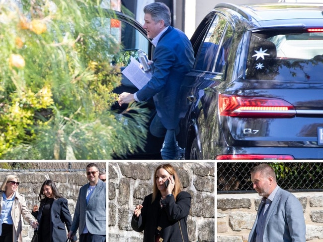 Clockwise from above: Nine boss Mike Sneesby exits his chauffeured Audi; Sydney Morning Herald executive editor Luke McIlveen; 60 Minutes executive producer Kirsty Thompson; Sydney Morning Herald editor Bevan Shields, centre, arrives with senior Nine Entertainment staff. Picture: Liam Mendes