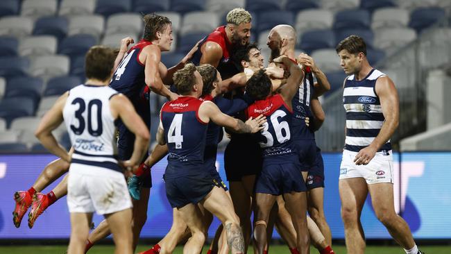 The Demons celebrate Max Gawn’s winning goal. Picture: Getty