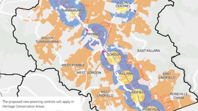 A map developed by Ku-ring-gai Council showing areas impacted by the rezoning changes.