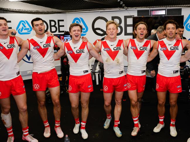 Sydney players soak up their win which sealed top spot. Picture: Dylan Burns/AFL Photos via Getty Images