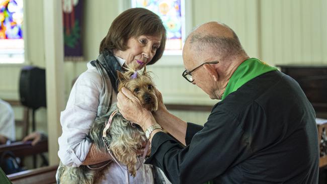 Rosie receives a Blessing from Reverend Graham Warren with her owner Elizabeth Cossart Blessing of the Pets at All Saints Anglican Church, Saturday, October 12, 2024. Picture: Kevin Farmer