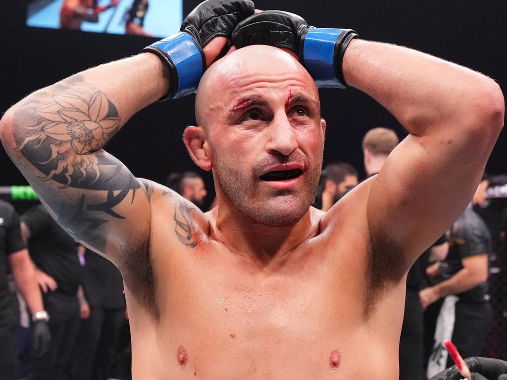 Alex Volkanovski reacts after his loss to Makhachev in October. Picture: Chris Unger/Zuffa LLC via Getty Images