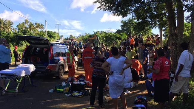 Facebook pictures of the scene of a Bus Crash in Vanuatu. The crash occurred during a day trip to Port Vila on an 11 day cruise on the Pacific Dawn from Brisbane. 12 Australians were injured a further 10 hospitalised. Source: Wilford Patunvanu/Facebook