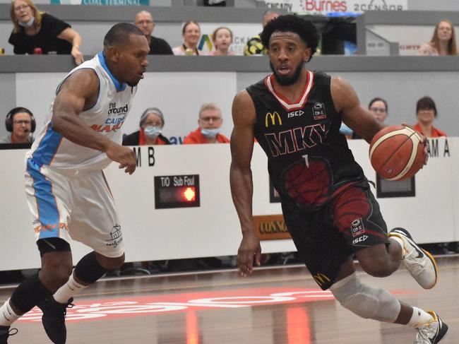 Former Darwin Basketball League star Jerron Jamerson was outstanding for Mackay Meteors in the 2021 NBL1 North Grand Final series against Cairns Marlins, winning the series MVP award. Picture: Matthew Forrest