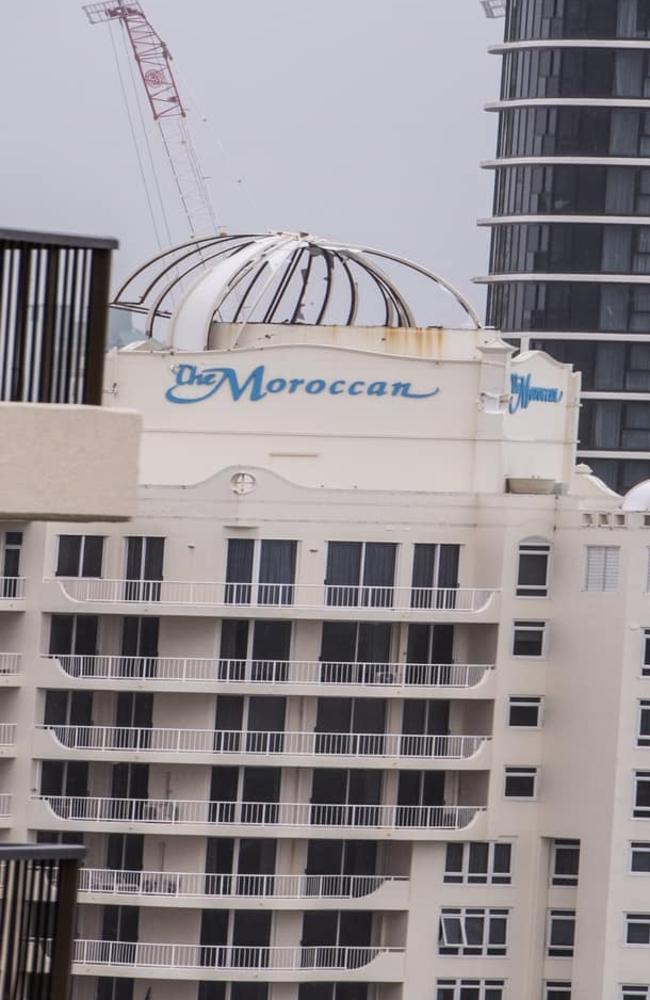 The dome of the Moroccan building in Surfers Paradise was destroyed by Tropical Cyclone Alfred. Picture: Ian Clark