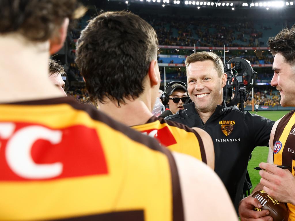 Sam Mitchell enjoys Hawthorn’s elimination final victory. Picture: Michael Willson/AFL Photos via Getty Images