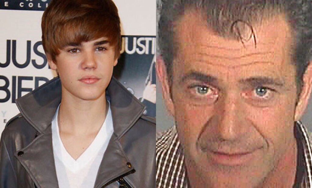 Justin Bieber (left) was second most desirable husband, while Mel Gibson was second least desirable. Picture: Images from AAP, Bang ShowBiz