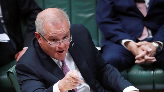 Scott Morrison makes a point to Opposition Leader Anthony Albanese during question time on Wednesday. Picture: Gary Ramage