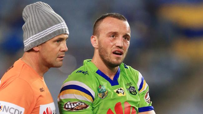 A bruised Josh Hodgson of the Raiders during the Parramatta Eels v Canberra Raiders NRL round 11 game at ANZ Stadium, Sydney Olympic Park. pic Mark Evans