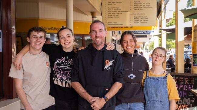 Dark Horse Espresso cafe in Lismore NSW Owner, Brendon Thurgate and his staff. (L-R Emerson Thurgate, Brianne Wilcox, Brendon Thurgate, Emma Clark, Alice Boscheinen). Thurgate has plans for the next Lismore flood.