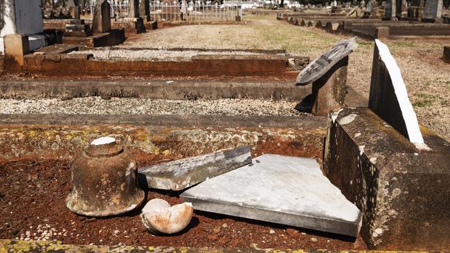 Vandals have damaged or destroyed more than 300 graves at Toowoomba's Drayton Cemetery, Sunday, August 11, 2024. Picture: Kevin Farmer